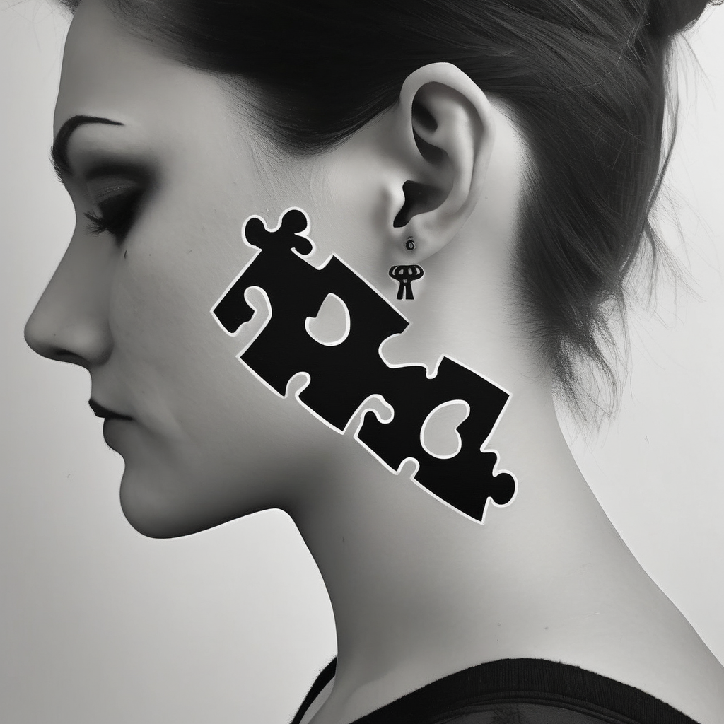 Puzzle piece tattoo on side of the neck and have a missing piece on the side that says Rella on it. half sleeve tattoos for men, AI-generated Black and White tattoo design